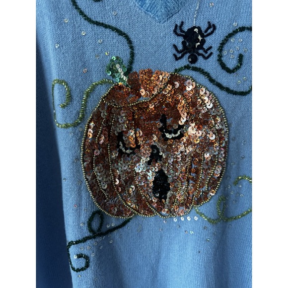 Quacker Factory Sweater Womens Large Halloween Pumpkin Sequin Pullover Spider - Picture 5 of 10